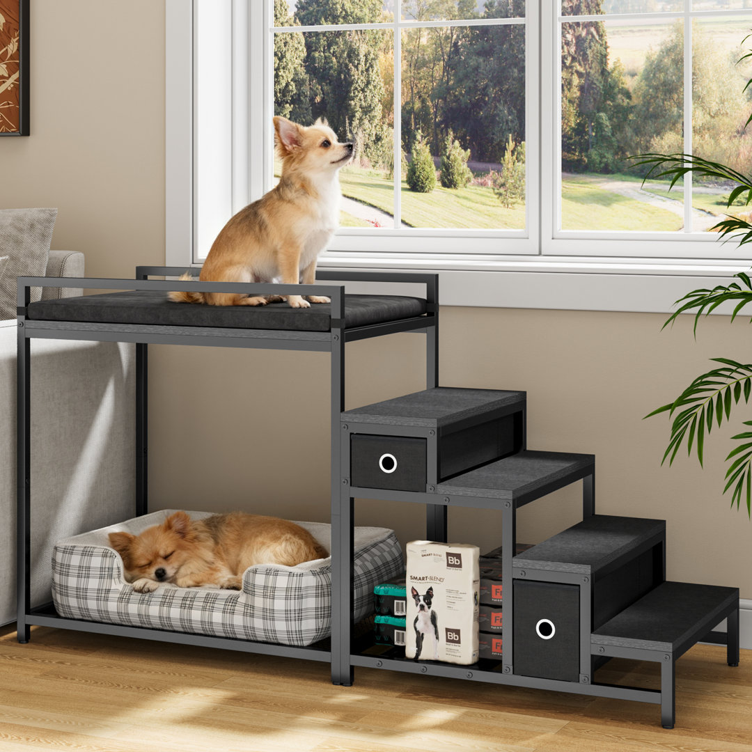 Pet Bunk Bed With Stairs And Storage, Dogs/cats Window Perch, Bedside Lounge Elevated Dog Bed Multi-level Platform With Foam Upholstery